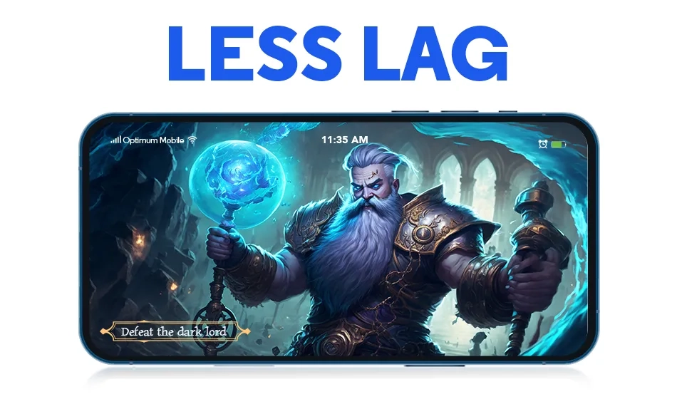 An image shows a video game in progress, with players experiencing less lag on Optimum Mobile.
